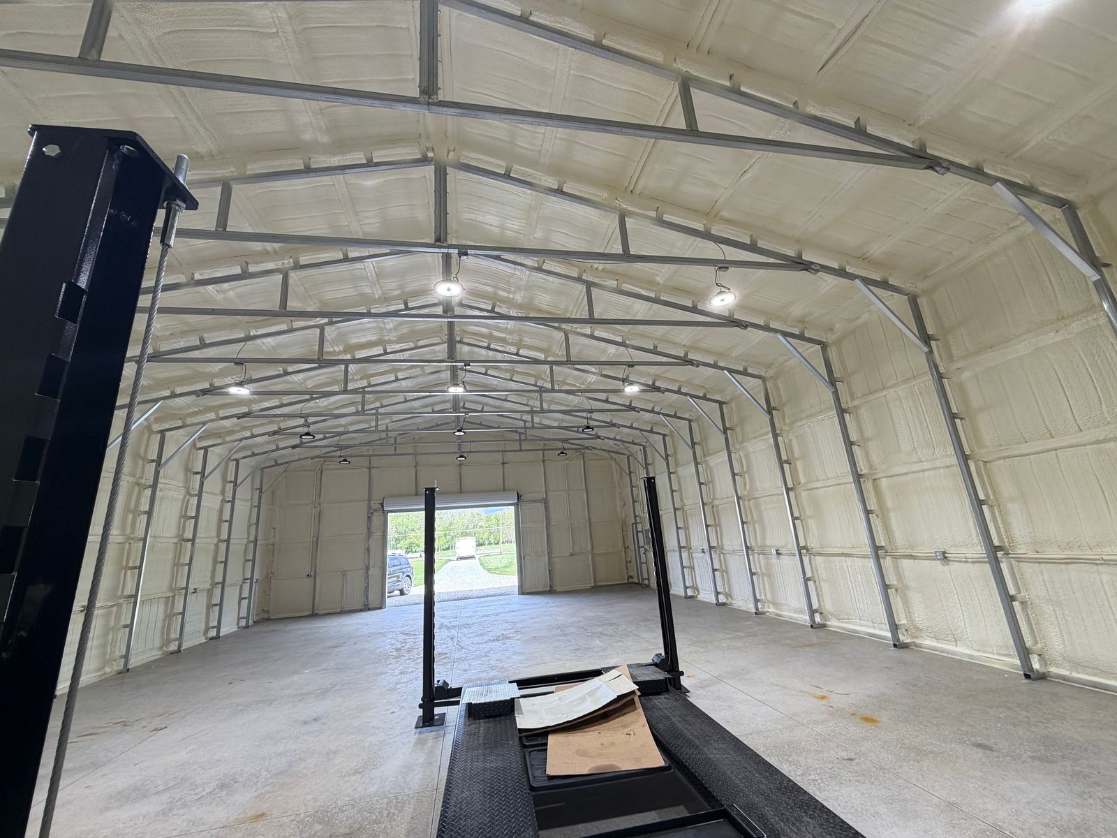 The finished steel building, foamed wall to wall and across the roof.